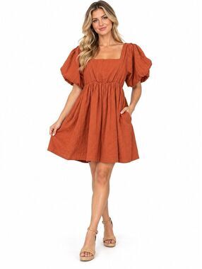 MABLE Womens orange rust mini babydoll dress Size Medium puff sleeves flare rust